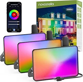 NOVOSTELLA Smart RGB Flood Lights Outdoor 60W Tunable White, Color Changing Landscape Halloween Floodlights, IP66 Waterproof, Group Control Uplights, 2700K-6500K Strobe Lights for House Event 3PCS