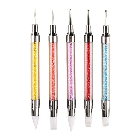 5PCS Dual-Ended Nail Art Sculpture Pen Dotting Tools, Silicone Nail Polish Brushes Stainless Steel Carving Drawing Dotting Tool, Acrylic Rhinestone Handle, Nail Art Tools