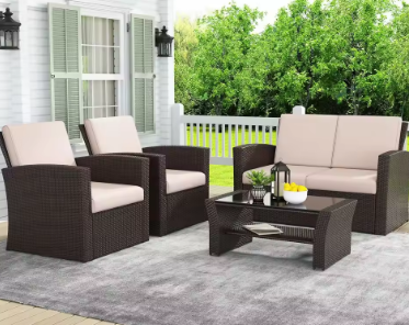 4 Piece Outdoor Patio Furniture Sets, Wicker Conversation Sets, Rattan Sofa Chair with Cushion for Backyard Lawn Garden