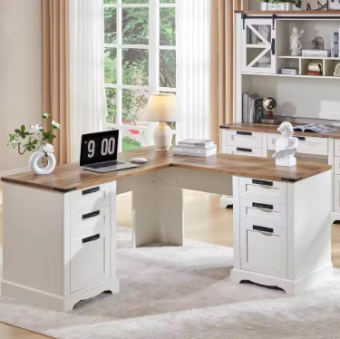 60" Farmhouse L Shaped Executive Desk Wood Home Office Corner Desk File Drawer, Storage Cabinet, Rustic Computer Writing Desk