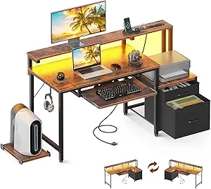 AODK 48" Computer Desk with Fabric File Cabinet and Drawer, Reversible Office Desk with Power Outlet and LED Light, Study Desk with Printer Stand, Keyboard Tray, Monitor Riser and PC Stand, Vintage